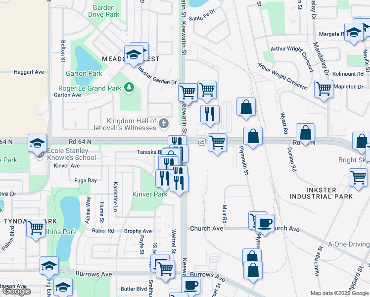 map of restaurants, bars, coffee shops, grocery stores, and more near 989 Keewatin Street in Winnipeg