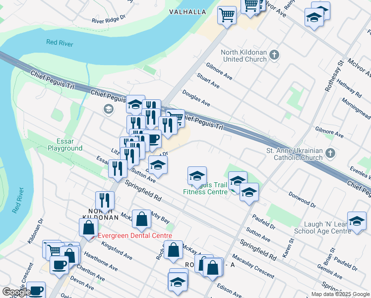 map of restaurants, bars, coffee shops, grocery stores, and more near 70 Donwood Drive in Winnipeg