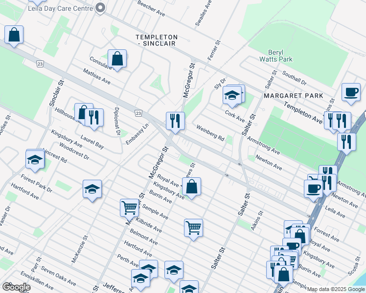 map of restaurants, bars, coffee shops, grocery stores, and more near 445 Partridge Avenue in Winnipeg