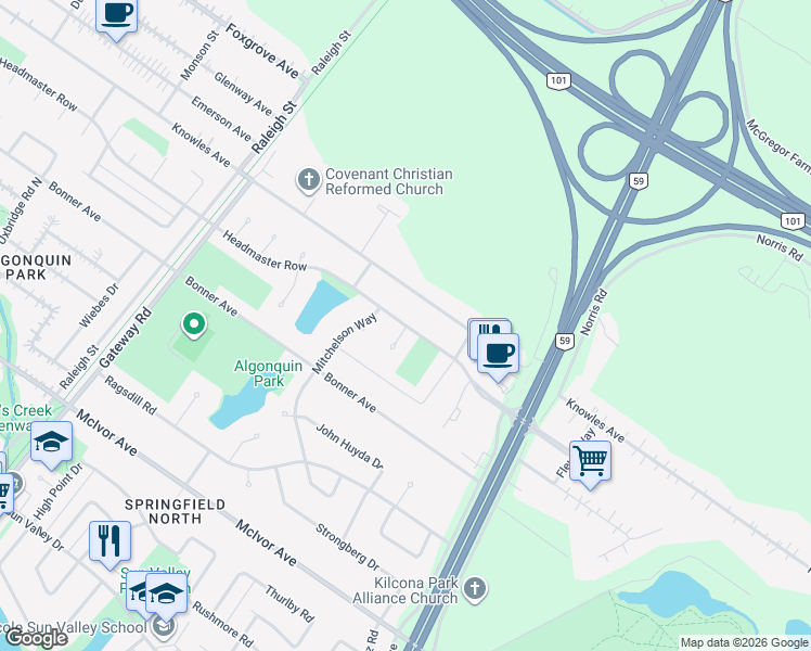 map of restaurants, bars, coffee shops, grocery stores, and more near 849 Headmaster Row in Winnipeg