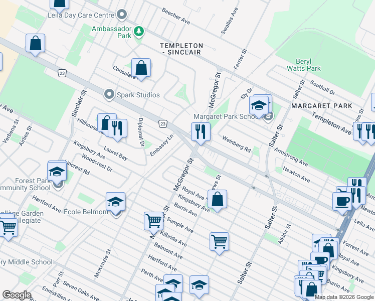 map of restaurants, bars, coffee shops, grocery stores, and more near in Winnipeg