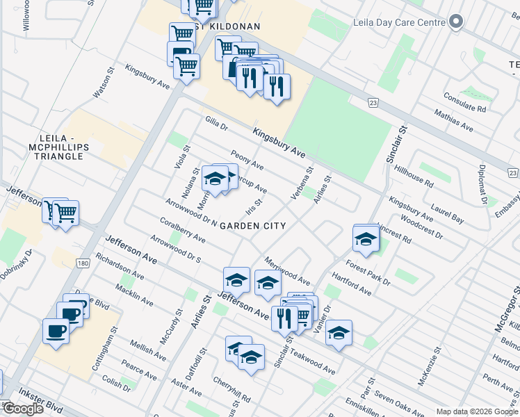 map of restaurants, bars, coffee shops, grocery stores, and more near 31 Iris Street in Winnipeg