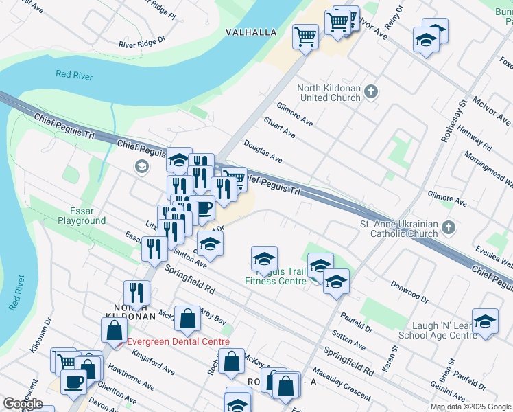 map of restaurants, bars, coffee shops, grocery stores, and more near 91 Donwood Drive in Winnipeg