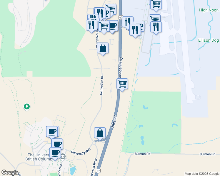 map of restaurants, bars, coffee shops, grocery stores, and more near Velocity Street in Kelowna