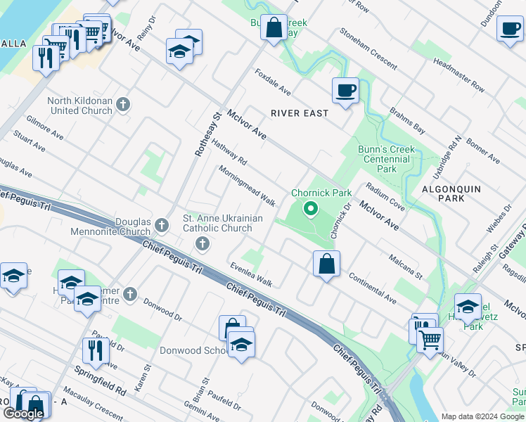 map of restaurants, bars, coffee shops, grocery stores, and more near 30 Springlea Path in Winnipeg