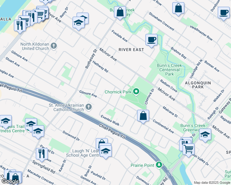 map of restaurants, bars, coffee shops, grocery stores, and more near 30 Springlea Path in Winnipeg