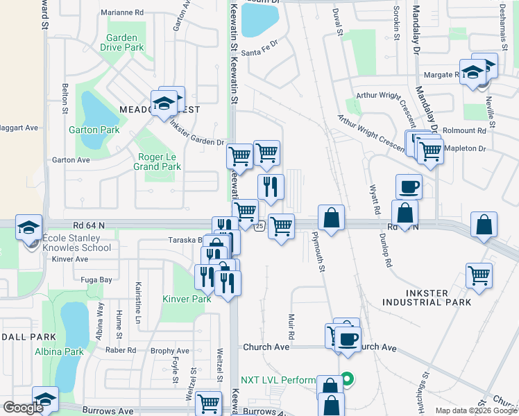 map of restaurants, bars, coffee shops, grocery stores, and more near 1077 Keewatin St in Winnipeg