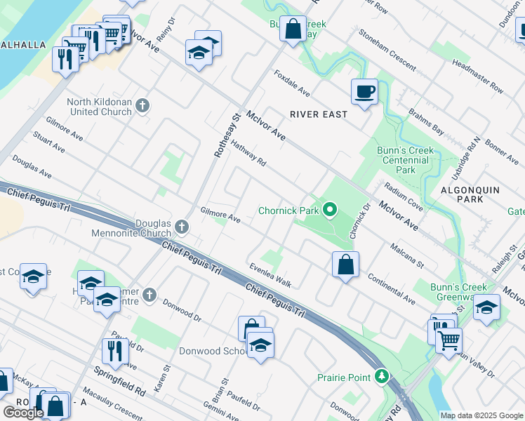 map of restaurants, bars, coffee shops, grocery stores, and more near 18 Brunlea Key in Winnipeg