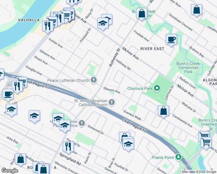 map of restaurants, bars, coffee shops, grocery stores, and more near 383 Gilmore Avenue in Winnipeg