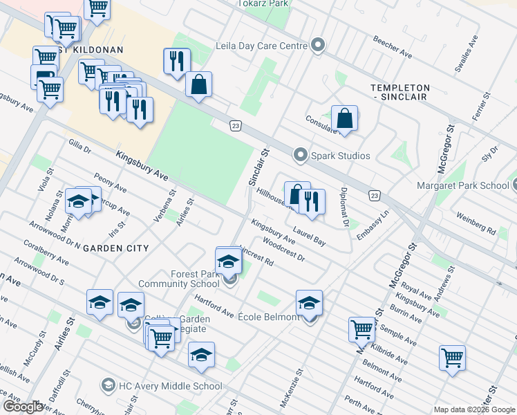 map of restaurants, bars, coffee shops, grocery stores, and more near 1001 Sinclair Street in Winnipeg