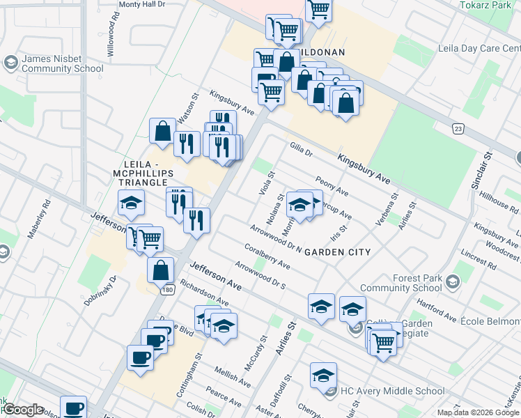 map of restaurants, bars, coffee shops, grocery stores, and more near 15 Viola Street in Winnipeg