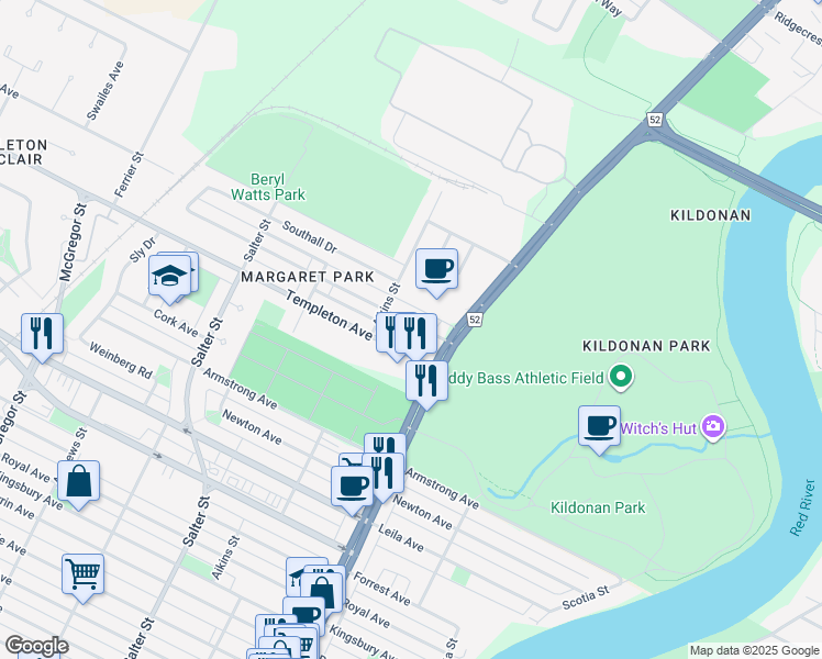 map of restaurants, bars, coffee shops, grocery stores, and more near 212 Margaret Avenue in Winnipeg