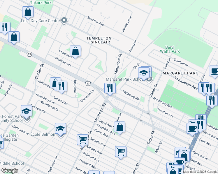 map of restaurants, bars, coffee shops, grocery stores, and more near 1050 McGregor Street in Winnipeg