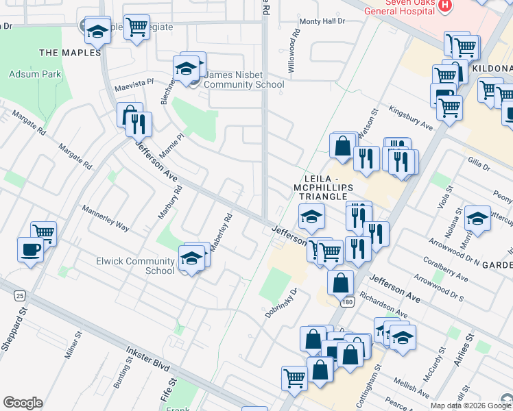 map of restaurants, bars, coffee shops, grocery stores, and more near 20 Pipeline Road in Winnipeg