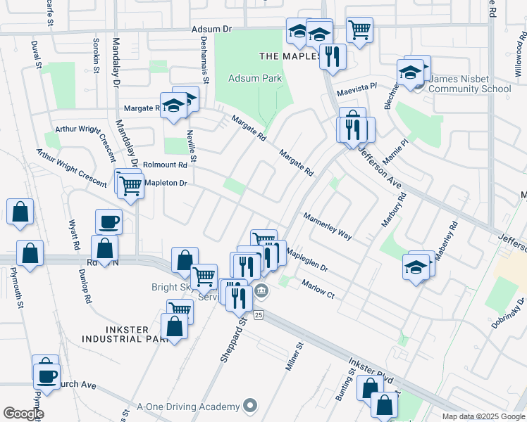 map of restaurants, bars, coffee shops, grocery stores, and more near 33 Mapleton Drive in Winnipeg