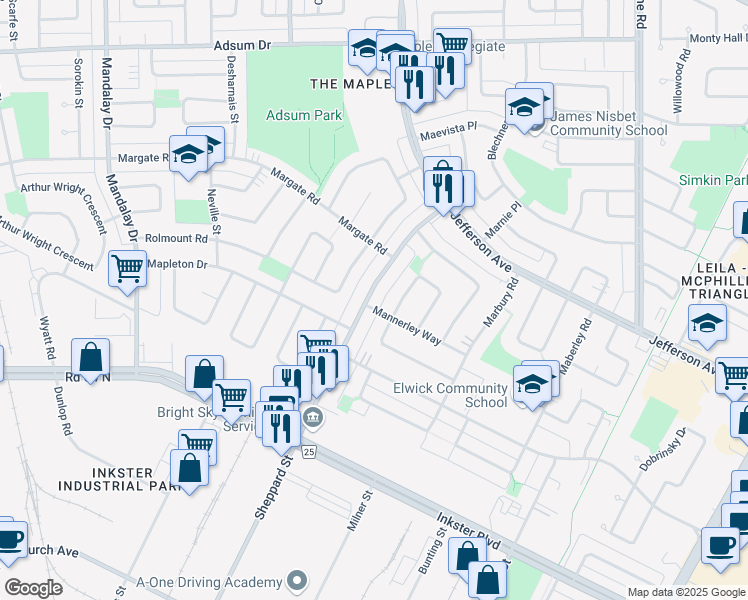 map of restaurants, bars, coffee shops, grocery stores, and more near 750 Sheppard Street in Winnipeg