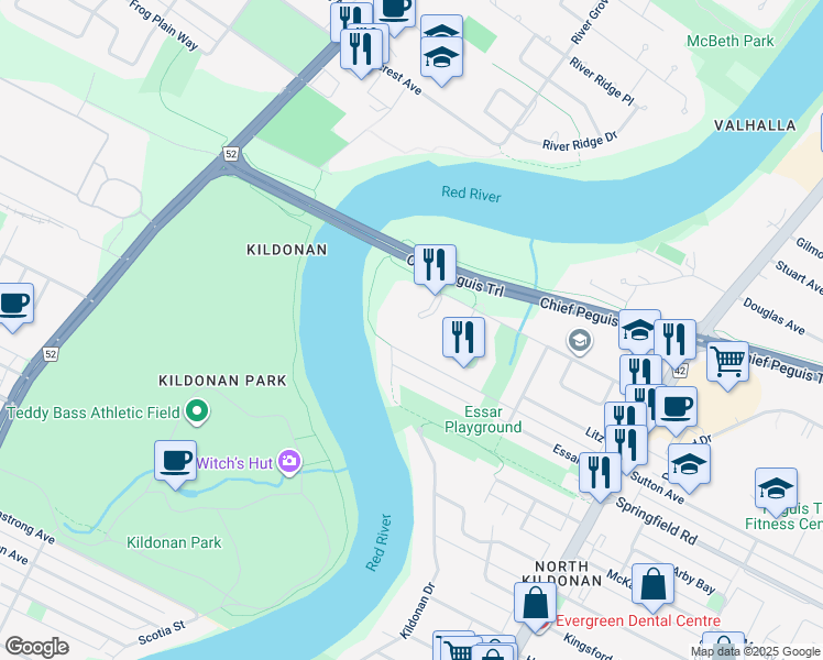 map of restaurants, bars, coffee shops, grocery stores, and more near 70 Whellams Lane in Winnipeg