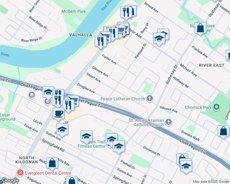 map of restaurants, bars, coffee shops, grocery stores, and more near 265 Stuart Avenue in Winnipeg