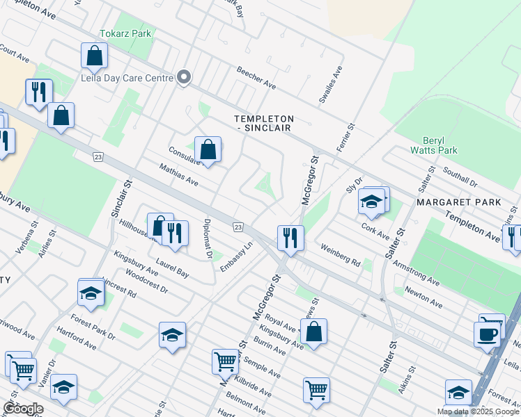 map of restaurants, bars, coffee shops, grocery stores, and more near 36 Attache Drive in Winnipeg