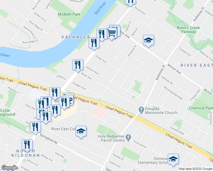 map of restaurants, bars, coffee shops, grocery stores, and more near 265 Stuart Avenue in Winnipeg