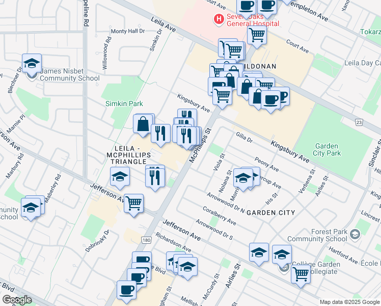 map of restaurants, bars, coffee shops, grocery stores, and more near 2136 McPhillips Street in Winnipeg