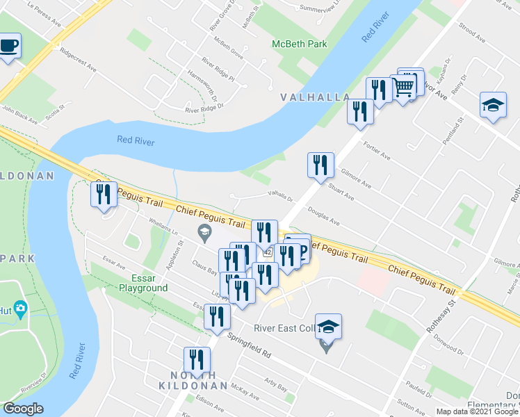 map of restaurants, bars, coffee shops, grocery stores, and more near 10 Valhalla Drive in Winnipeg