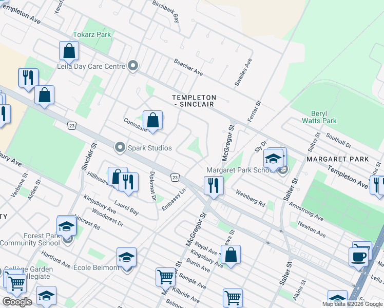 map of restaurants, bars, coffee shops, grocery stores, and more near 47 Attache Drive in Winnipeg