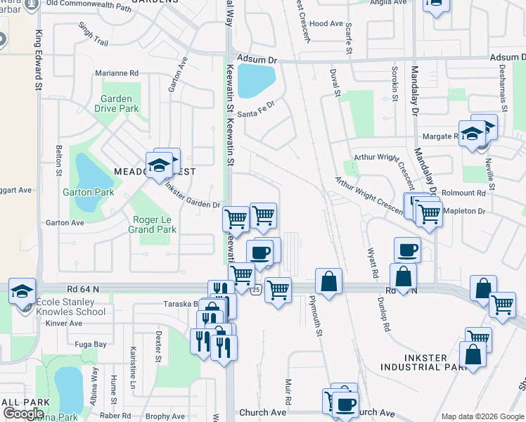 map of restaurants, bars, coffee shops, grocery stores, and more near 80 Paramount Road in Winnipeg