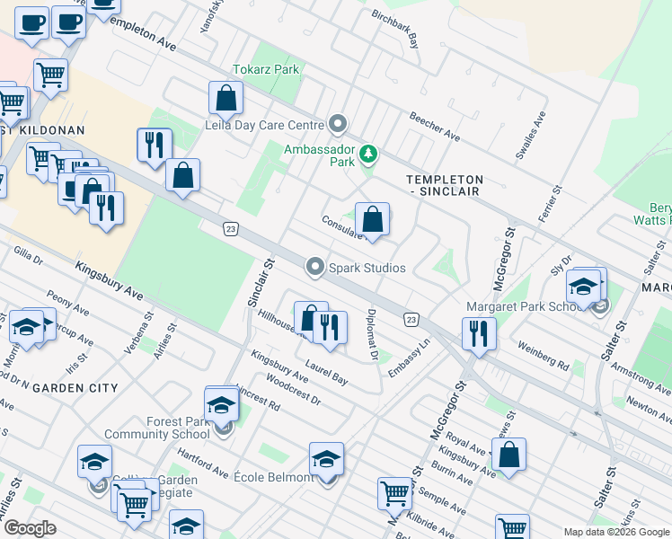 map of restaurants, bars, coffee shops, grocery stores, and more near 602 Route 23 in Winnipeg