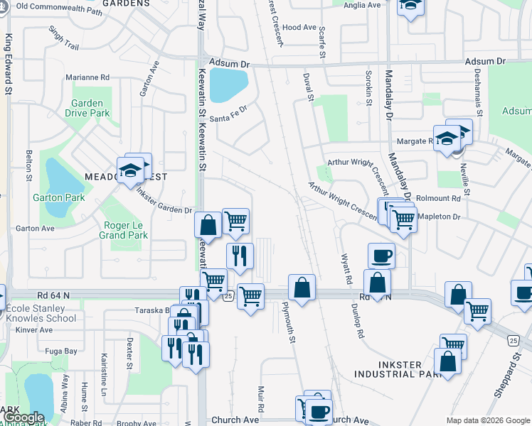 map of restaurants, bars, coffee shops, grocery stores, and more near in Winnipeg