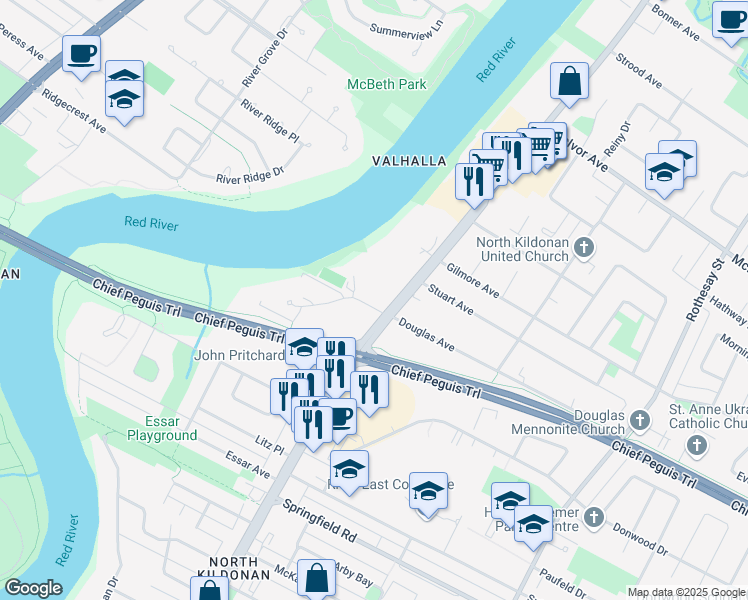 map of restaurants, bars, coffee shops, grocery stores, and more near 1590 Henderson Highway in Winnipeg