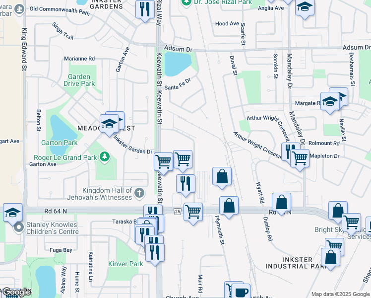 map of restaurants, bars, coffee shops, grocery stores, and more near 90 Paramount Road in Winnipeg