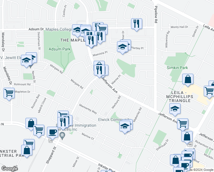 map of restaurants, bars, coffee shops, grocery stores, and more near 1178 Jefferson Avenue in Winnipeg