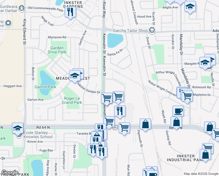map of restaurants, bars, coffee shops, grocery stores, and more near 154 Paramount Road in Winnipeg