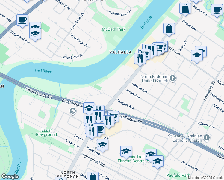 map of restaurants, bars, coffee shops, grocery stores, and more near 1590 Henderson Highway in Winnipeg