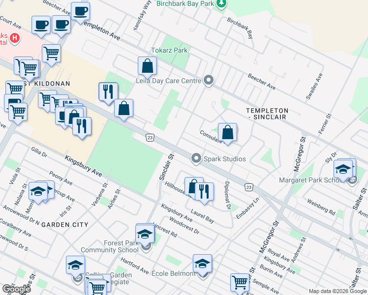 map of restaurants, bars, coffee shops, grocery stores, and more near 680 Mathias Avenue in Winnipeg