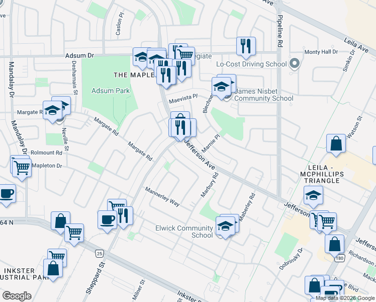 map of restaurants, bars, coffee shops, grocery stores, and more near 1178 Jefferson Avenue in Winnipeg