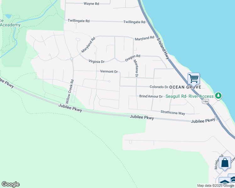 map of restaurants, bars, coffee shops, grocery stores, and more near 3614 Vermont Place in Campbell River