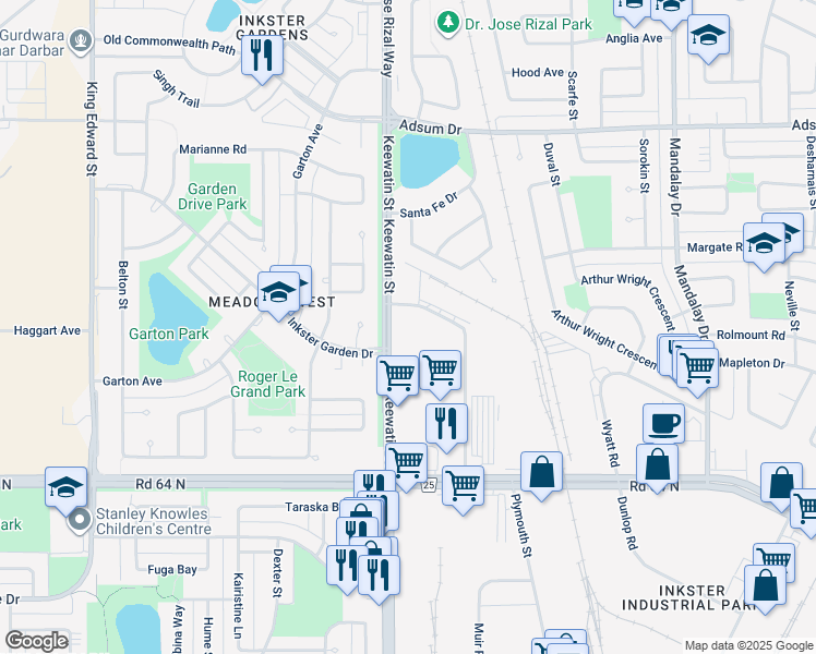 map of restaurants, bars, coffee shops, grocery stores, and more near 154 Paramount Road in Winnipeg