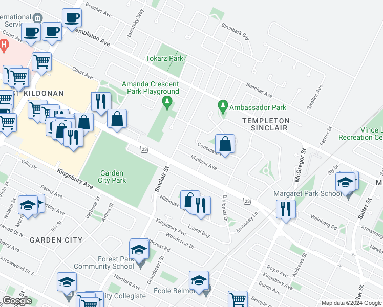 map of restaurants, bars, coffee shops, grocery stores, and more near 665 Mathias Avenue in Winnipeg