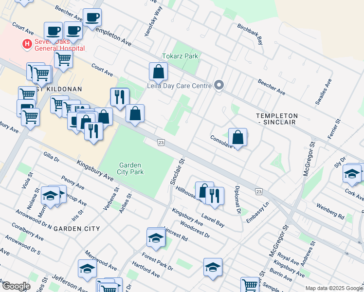 map of restaurants, bars, coffee shops, grocery stores, and more near 675 Leila Avenue in Winnipeg