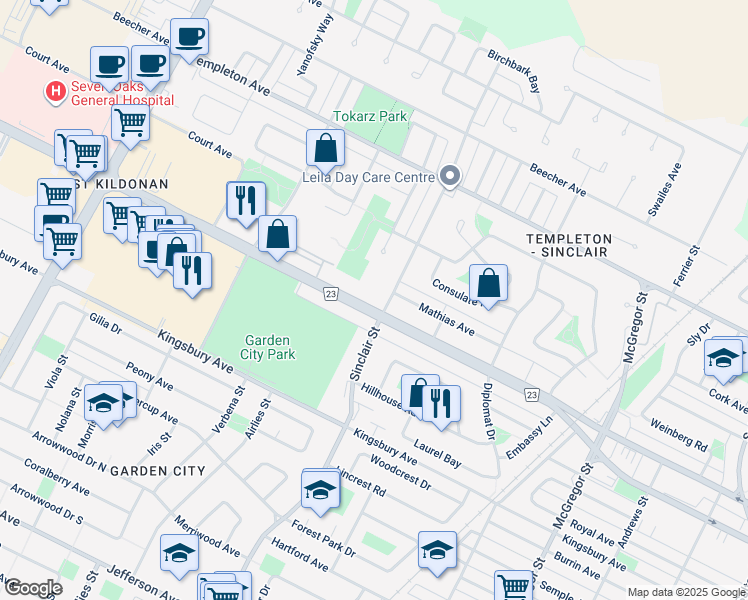 map of restaurants, bars, coffee shops, grocery stores, and more near in Winnipeg