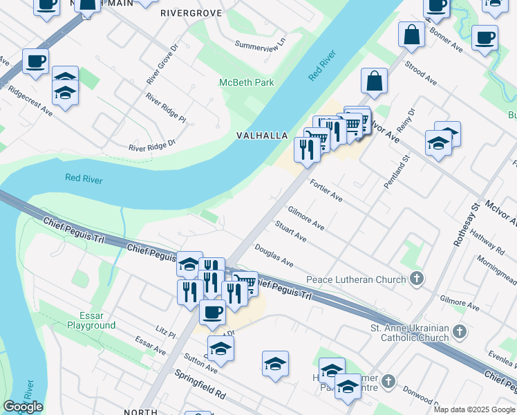 map of restaurants, bars, coffee shops, grocery stores, and more near 1830 Henderson Highway in Winnipeg