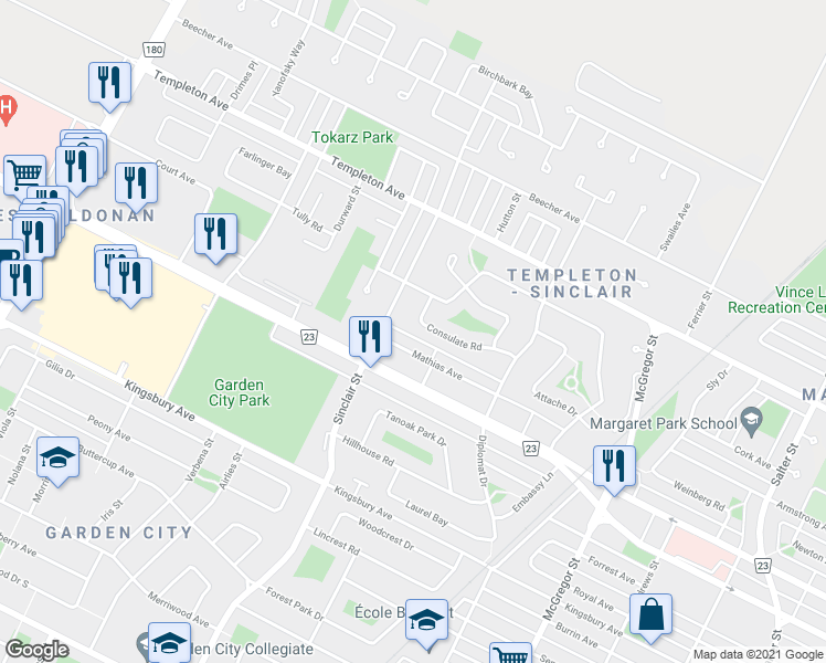 map of restaurants, bars, coffee shops, grocery stores, and more near 665 Mathias Avenue in Winnipeg