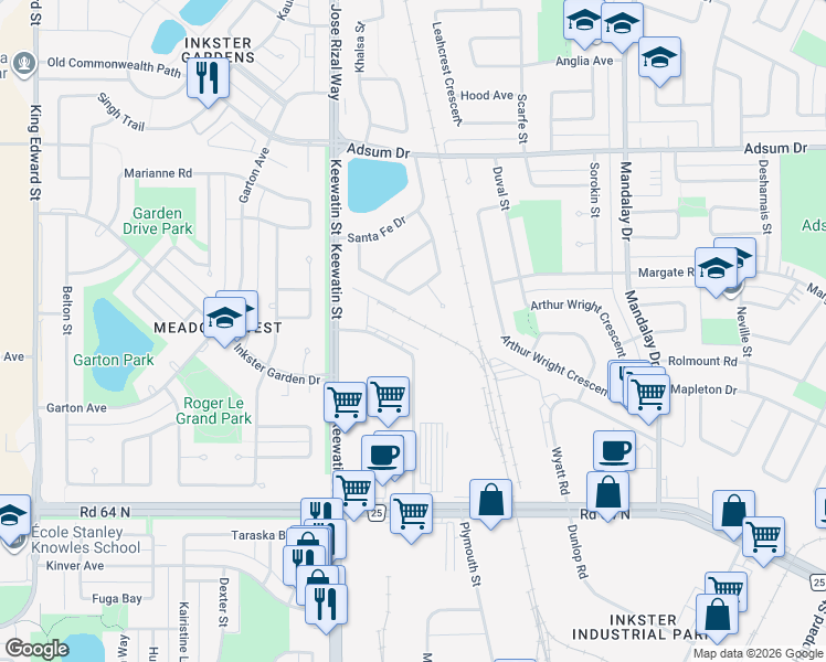map of restaurants, bars, coffee shops, grocery stores, and more near 80-154 Paramount Rd in Winnipeg