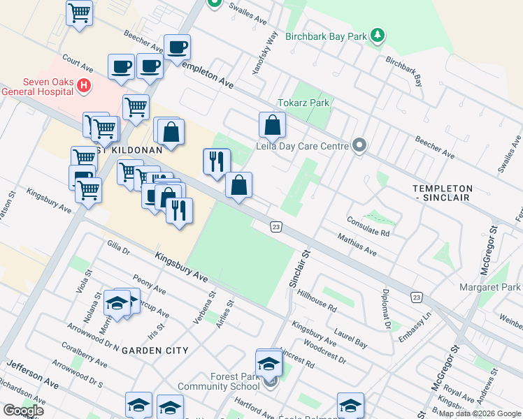 map of restaurants, bars, coffee shops, grocery stores, and more near 761 Leila Avenue in Winnipeg