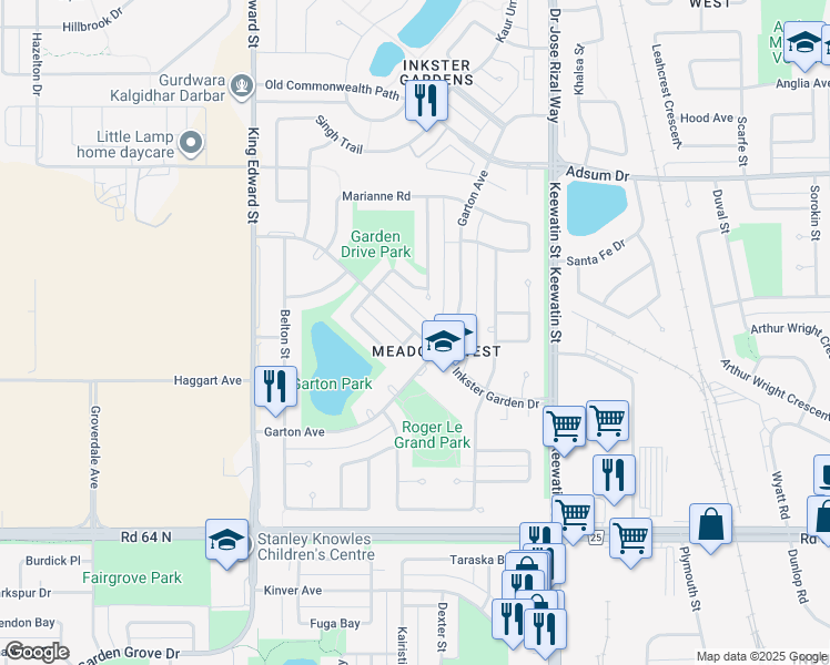 map of restaurants, bars, coffee shops, grocery stores, and more near Inkster Garden Drive in Winnipeg