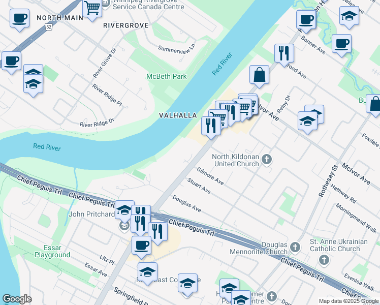 map of restaurants, bars, coffee shops, grocery stores, and more near 1700 Henderson Highway in Winnipeg