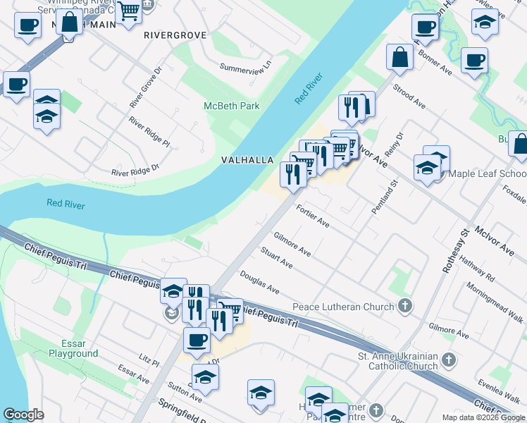 map of restaurants, bars, coffee shops, grocery stores, and more near 1700 Henderson Highway in Winnipeg