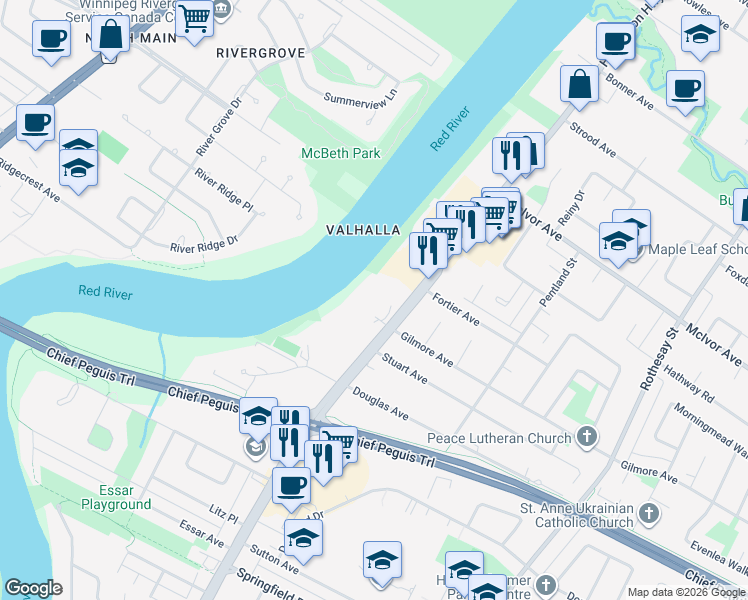 map of restaurants, bars, coffee shops, grocery stores, and more near 1660 Henderson Highway in Winnipeg